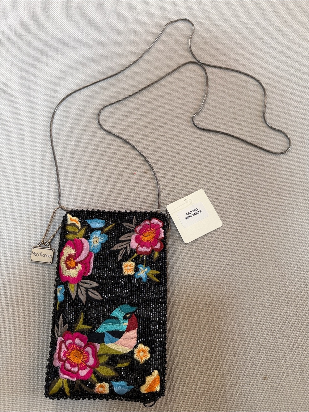 Mary Frances Black Beaded Crossbody with Colorful Floral & Bird Embroidery